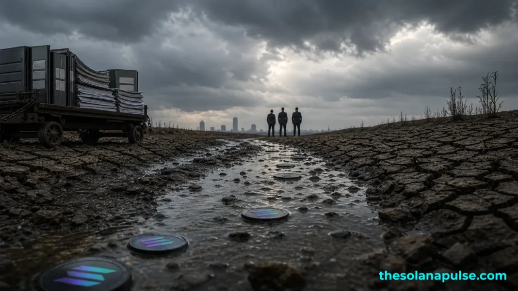 Stormy landscape with Solana coins in a muddy stream and three people in the distance